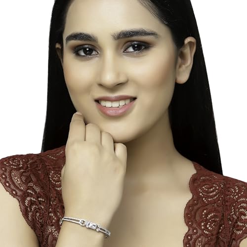 Image of ZENEME Rhodium-Plated American Diamond Studded Flower Patterned Kada Bracelet For Girls and Women
