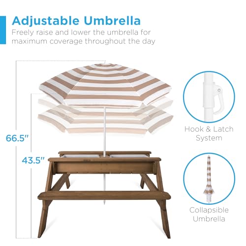 image for Best Choice Products Kids Picnic Table with Umbrella, 3-in-1 Sand & Wa