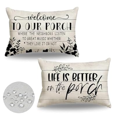 JOJOGOGO Porch Outdoor Lumbar Pillow Covers 12x20 Waterproof Set of 2, Patio Decorative Outdoor Lumbar Pillows 12 x 20, Front Back Porch Decor for Patio Furniture (Life is Better On The Porch)