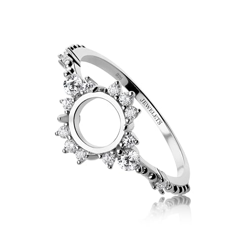 925 Silver Ring Blank – 8 mm Halo Setting with 10 CZ and 4 Side Stones, Rhodium Plated – Fine Jewelry for Custom Engagement or Statement Rings