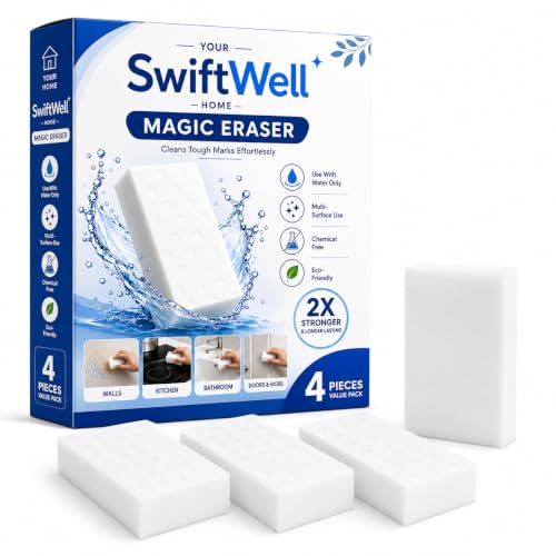 Image of Magic Cleaning Sponge Eraser | Melamine Foam Cleaning Pad for Kitchen Bathroom Wall Shoes Tiles Sink Steel Glass Multi Surface Cleaning | White Cleaning Block (Pack of 4)