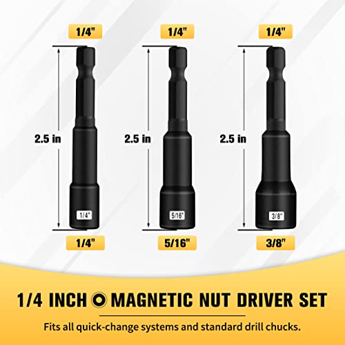 Boen 1/4 Inch Magnetic Nut Driver Set, 3 Piece Impact Drill Driver Bit Set, Size 1/4", 5/16", 3/8", Quick-Change Hex Shank Sae Nut Driver, Cr-V Steel, Black Manganese Phosphate Coating #TOP1