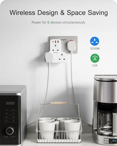 LENCENT 3 Way Plug Adaptor with 3 USB Slots PD&QC 20W, Multi Plug Extension 3 Plugs USB Socket, 6-in-1 Extender Plug Adapter UK, USB Wall Expander for Home, Office, Kitchen, 13A 3250W