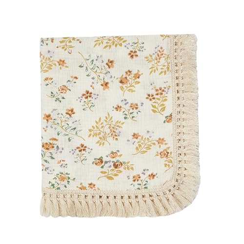 Image of insular Cotton Muslin Baby Blanket with Tassel, Boho Bohemian Muslin Swaddle Blanket Baby Receiving Blanket with Fringe, Nursery Decor Throw or Nursing Blankets, 47" x40”, Flower
