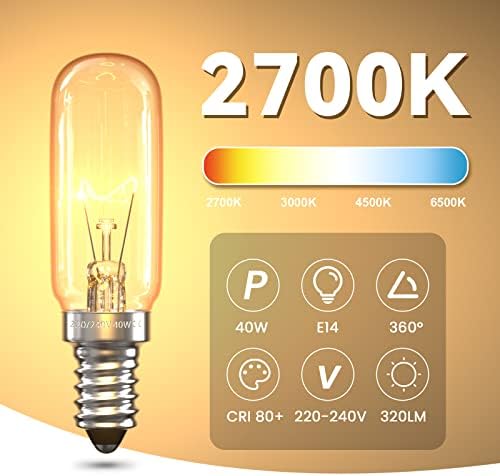Bonlux 40W E14 T25 Cooker Hood Bulb Dimmable, Small Edison Base E14 Tubular Incandescent Bulb 320 Lumen Replacement Bulb for Extractor Fan, Sewing Machine(Warm White 2700K, 6-Pack)