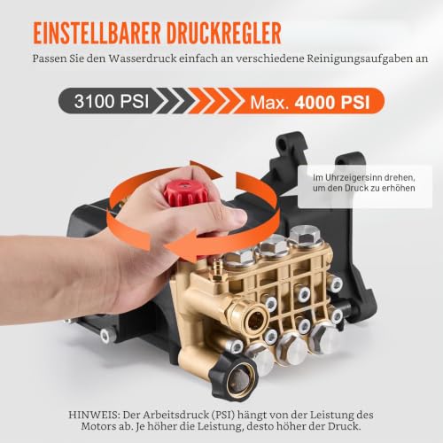 VEVOR Hochdruckreinigerpumpe, 1-Zoll-Welle, Triplex-Kolben horizontal, 4000PSI, 4,0GPM, Ersatz-Hochdruckreinigerpumpen-Set mit Hardware, kompatibel mit Simpson MorFlex 40224, 40225, 40226, Santoprene