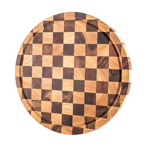 Tabla de cortar a cuadros redonda de madera de acacia, tabla de cortar gruesa, bloque de carnicero, cocina, queso, pan, charcutería, carne, frutas, verduras, preparación de comidas, bandeja para