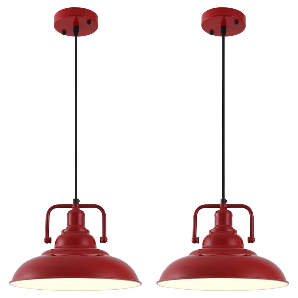Red Pendant Lights Kitchen Island 2 Pack, 12.2 Inch Industrial Pendant Light Fixtures, Adjustable Height Hanging Light for Dining Room Cafe Bar