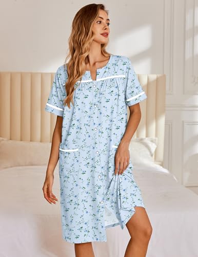 Image of Ekouaer Nightgowns for Women House Dress with Pockets Snap Front House Coat Short Sleeve Duster Moo Moos Sleepwear S-3XL
