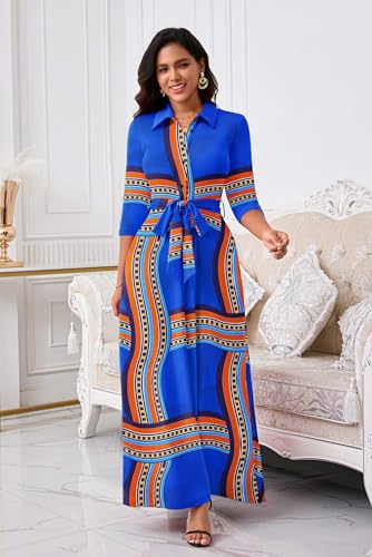 Image of Runwind Women Church Maxi Dresses 3 /4 Sleeve Button Down Print Casual Office Dress African