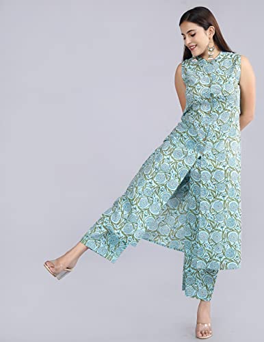 Image of Cotton Printed Front Slit Kurta with Palazzo Set for Women