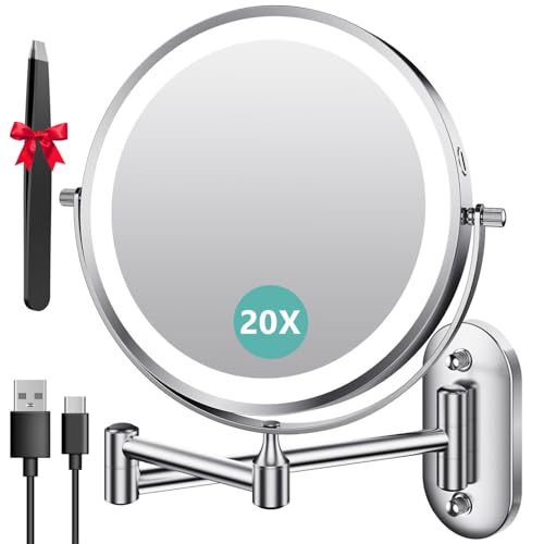 Auxmir 8 Pouces Miroir Grossissant Lumineux Mural x20, Miroir Grossissant Mural avec 3 Modes de...