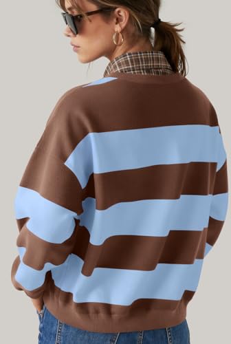 Image of UEU Women Oversized Striped Crewneck Sweatshirt Long Sleeve Color Block Pullover Tops Casual Loose Workout Shirt