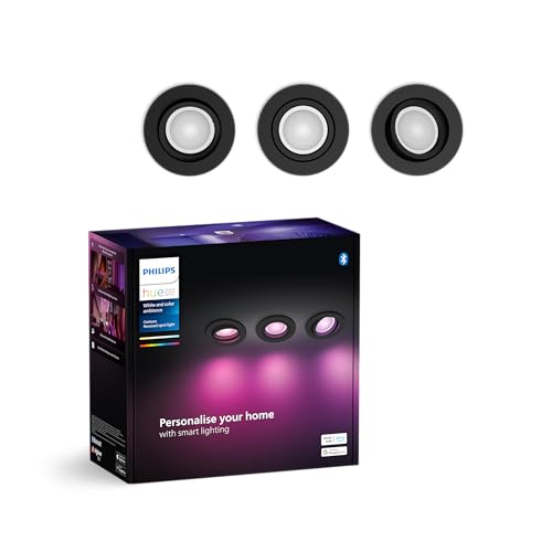 Philips Hue White & Color Ambiance Centura 3-pak okrągłe downlights ściemniane lampy sufitowe do systemu oświetlenia Hue, inteligentne sterowanie oświetleniem za pomocą głosu i aplikacji, czarne