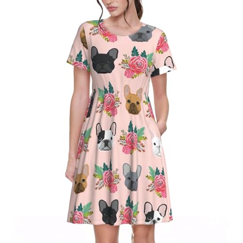 Robe d'été bouledogue français vêtement de plage fleuri manches courtes