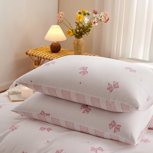 Image of Bow Duvet Cover King Size White Pink Bows Striped Reversible Bedding Set Kids Girls Bowknot Stripes Soft Breathable Microfiber Comforter Cover Set with Zipper Closure and 2 Pillowcases