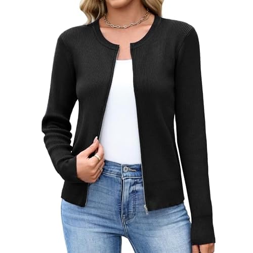 Totatuit Womens Long Sleeve Zip Up Sweater Cardigans Knitted Lightweight Zipper Jacket Black XX-Large