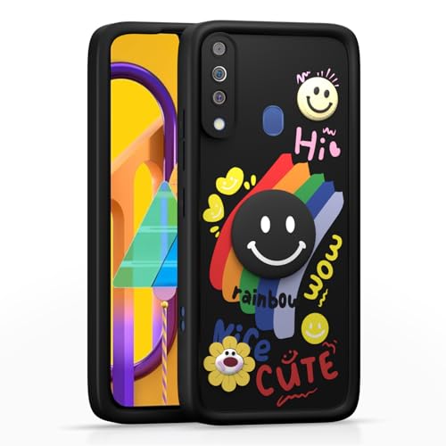 Image of Pikkme Back Cover for Samsung Galaxy M30 | Soft Silicone| Cute Rainbow Smile & 3D Cartoon Flower Design | Shockproof Raised Camera Protection Bumper Case (Black)