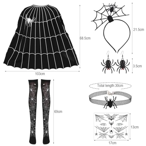 Halloween Kostüm Damen Spinnennetz Poncho, Damen Halloween Kleid Spinne Cosplay Kostüm, Halloween spinnen Kostüm Set mit halloween haarreif, Spinnen strumpfhose, Spinnen Tattoos, Spinne Ohrringe