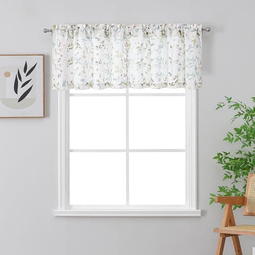Image of Chyhomenyc Roman Valance for Windows, Light Filtering Linen Blend Textured Leaf Floral Printed Short Valance for Bathroom Laundry Basement Small Windows, Each 38Wx18L Inch, 2 PCS