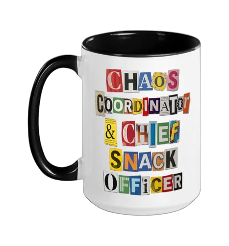 Chaos Coordinator Chief Snack Officer Funny Quote Ceramic Mug, Black/White, 15oz