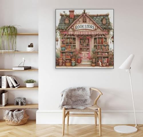 Image of MYBISYMQQ Book Store Cross Stitch Kits for Adults,11CT Stamped Cross Stitch Kits for Beginner,DIY Needlepoint Embroidery Patterns Kits Embroidery Patterns for Home Wall Decor 13.7x13.7 inches