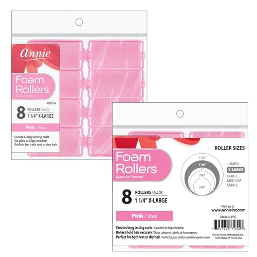 Annie Foam Hair Rollers X-Large 1 1/4 Inch, 8 Count Pink Soft Sponge Curlers for Heatless Curls & Waves, No Pins or Clips Needed, For Wet or Dry Hair, Long-Lasting Hold