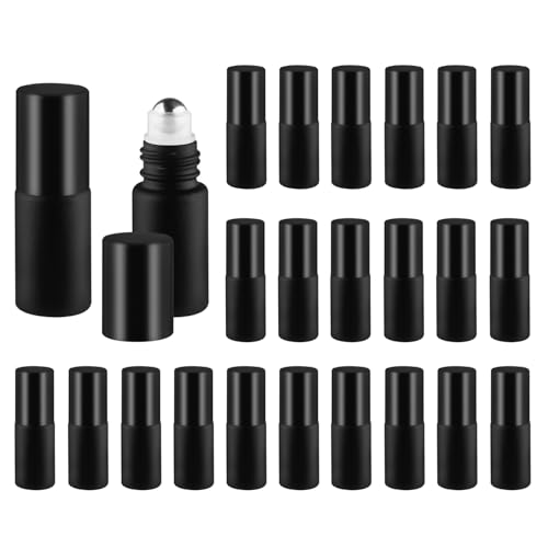24 Pcs Essential Oil Roller Bottles Black Frosted Glass Roll On Bottle Empty Cosmetic Jars with Stainless Steel Roller Balls & Black Lids for Perfume Travel - 0.17oz/5ml
