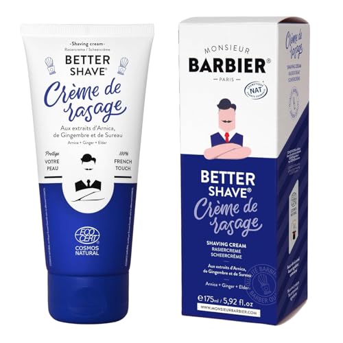 Crema de afeitado de señor BARBIER | Vegana, natural y francesa | Basada en árnica, ciprés y jengibre | Espuma de afeitar densa y cremosa | Protección ideal para pieles sensibles | 175 ml