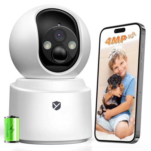 Mrowly 4MP 2.5K Telecamera WIFI Interno Senza Fili, Batteria Ultra-lunga da 6000 mAh, Rotazione a 360°,Allarme Con Rilevamento del Movimento, Visione Notturna, Audio Bidirezionale, 2.4/5GHz WiFi