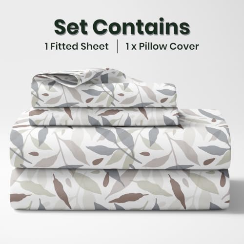 Image of LORETO - A QUALITY LINEN BRAND 210 TC 100% Pure Cotton Single Fitted Bedsheet with 1 Pillow Cover for 78 x 36 Inch Mattress, All-Around Elastic, 8 Inch Deep Pocket, Grey Leaf Whisper