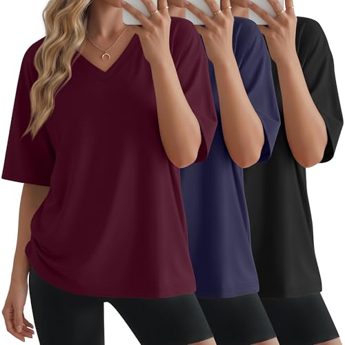 T-shirt oversize femme col V manches courtes lot de 3 hauts amples décontractés été