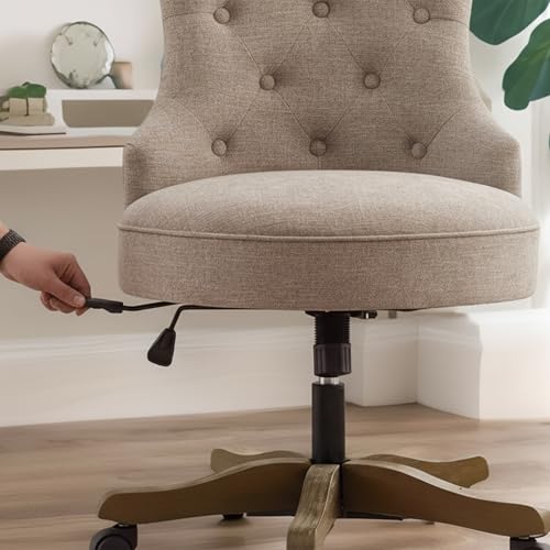 HUIMO Home Office Chair Upholstered Armless Linen Fabric Desk Chair with Wheels Adjustable Height Computer Desk Chair with Wooden Legs No Arms Swivel Chairs for Farmhouse Women Study Studio (Brown) - Thumbnail 6