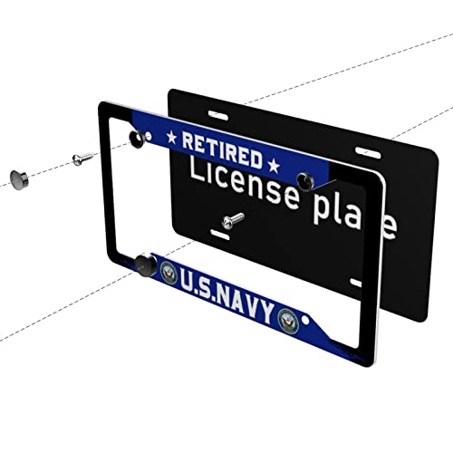 License Plate Frames, Us Navy Retired Veteran License Plate Frame 2 Pack Car License Plate Cover Holder With 4 Holes, Black Blue Metal Matte Personalized Funny Cool Auto Car Tag Frames For Women Men #TOP4