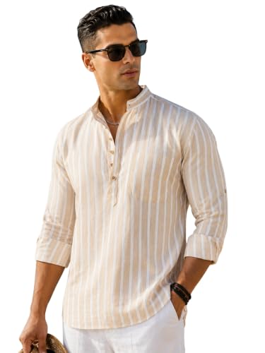 Image of Majestic Man Men's Pure Cotton Striped Mandarin Collar Regular Fit Roll-Up Sleeves Short Kurta