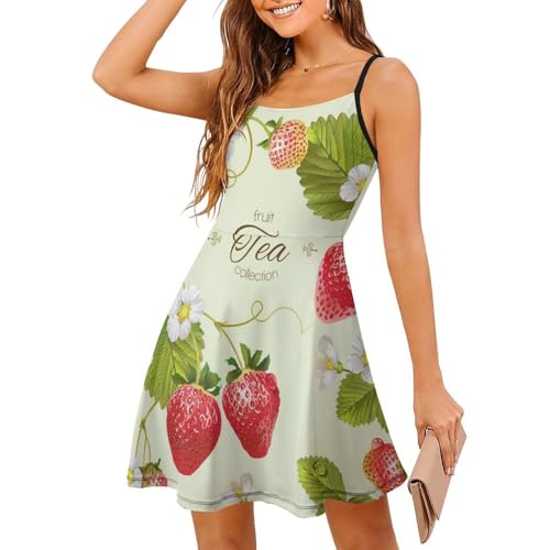 Robe d'été à bretelles pour femme : jupe courte imprimé fraise