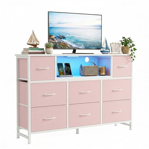 TV Stand 8 Drawers Dresser LED Entertainment Center with Charging Station