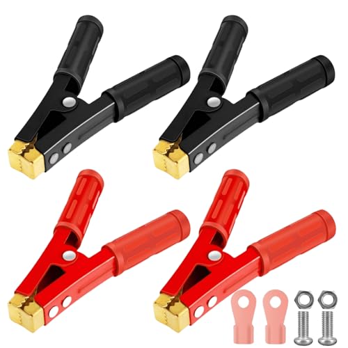4 pinzas de cocodrilo de 1000 A, pinzas de cocodrilo grandes, cable de arranque, pinzas de cobre puro con cubierta aislante para baterías de coche, cable de arranque (155 mm, rojo + negro)
