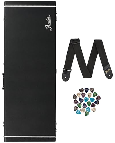 Fender Classic Series Wood Case for Jazzmaster/Jaguar - Black Bundle with Guitar Strap and Austin Bazaar Exclusive 24-Pack Picks