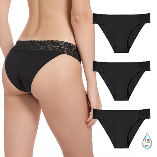 OEIOEI Period Pants Black Light Flow Leakproof Underwear for Women Lace Menstrual Panties 3 Pack (S, 3 Black)