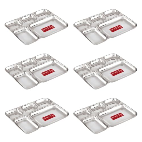 Image of HAZEL Stainless Steel Divided Meal Tray 5 in 1 Section Plate Set of 6 for Office