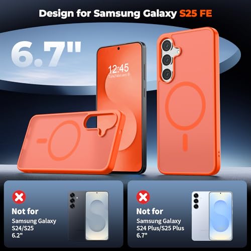 Image of SUPFINE Magnetic for Samsung Galaxy S25 FE Case with Screen Protector, (Built-in Magnets) (Military Grade Drop Protection) Slim Translucent Shockproof Phone Case,Orange