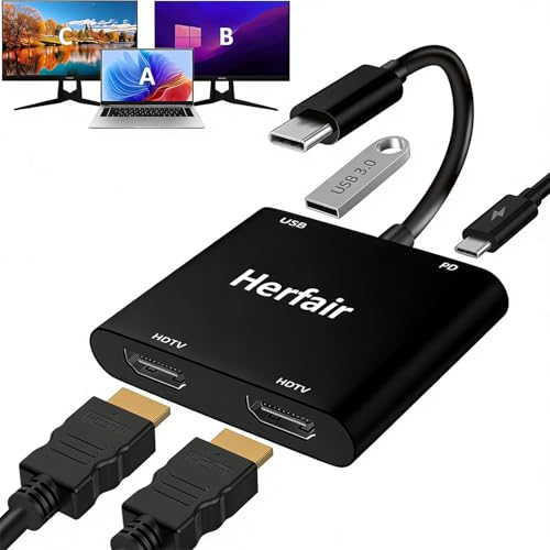 HDMI Splitter for Dual Monitors Extended Display 1 in 2 Out USB C to 2 HDMI Adapter Extender for MacBook Laptop Support AAA/ABB Display for MacOS & All Modes for Windows