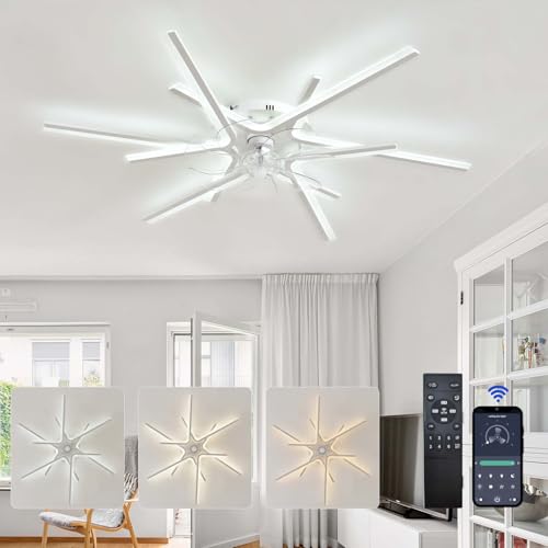 Luyaim Blanco 85CM Moderna Lámpara Ventilador Techo Motor DC 36W 6 Velocidades LED Dimmable Lampara Ventilador Techo Silencioso Con App Y Mando A Distancia Para Dormitorio Salón-White