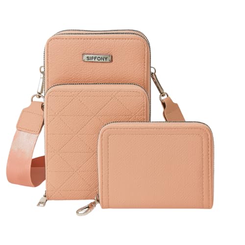 Kit Bolsa Carteira Porta Celular Alça Transversal Tiracolo QUBCCUM (Rosa Claro)