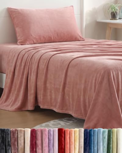 Image of Fleece Sheets Twin XL Size Set - 3-Piece Flannel Sheet Set - Rose Pink
