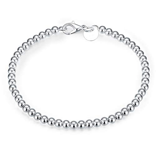 Sterling Silver 4MM Bead Ball Strand Bracelet- Handmade Ball Bracelet, Silver Beads Bracelet for Mens Women