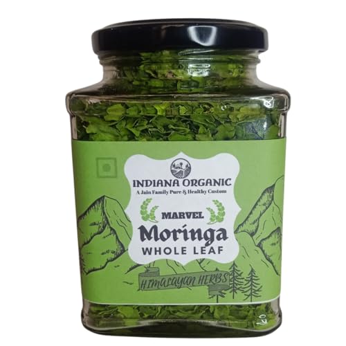 Image of Indiana Organic Moringa Whole Leaves Dry Leaf, Dried Drumstick Tree Leaves, Natural Super-Food - Essential Nutrition Superfood, Helps Naturally Boost Energy Levels, Improves Stamina & Vitality, Rich In Vitamins & Minerals - 35 Gram