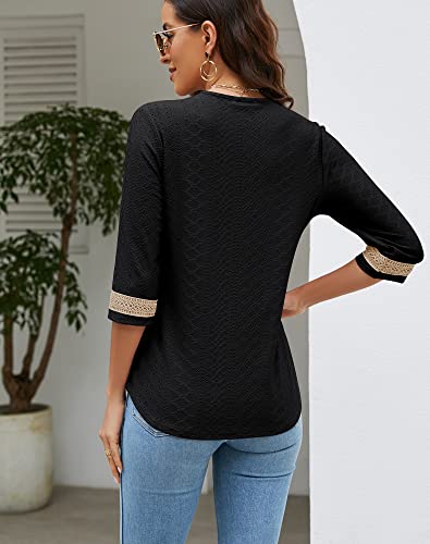 Liofoer Women's Casual 3/4 Sleeve Shirts Lace V Neck Color Block Dressy Tops Trendy Hollow Floral Blouses T Shirts S-Xxl Black #TOP4