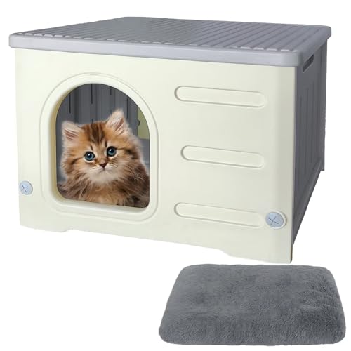 Seamido Plastic Cat House Outdoor Weatherproof Sturdy Feral Cat House Shelter (Gray)
